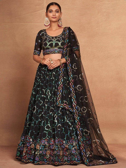 Ravishing Black Sequins Georgette Designer Lehenga Choli With Dupatta - Zeel Clothing
