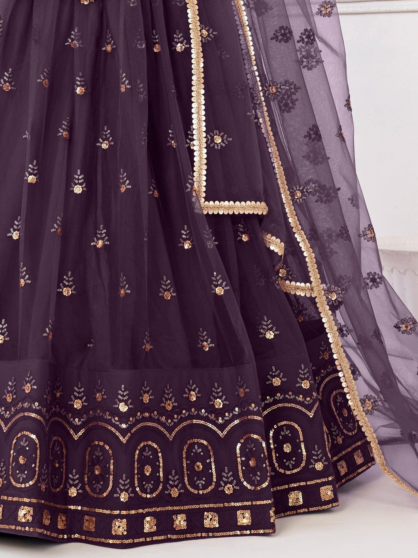 Ravishing Dark Purple Sequins Net Lehenga Choli With Dupatta - Zeel Clothing