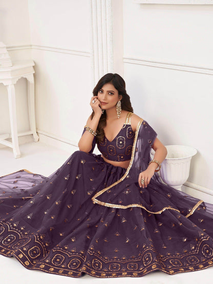 Ravishing Dark Purple Sequins Net Lehenga Choli With Dupatta - Zeel Clothing