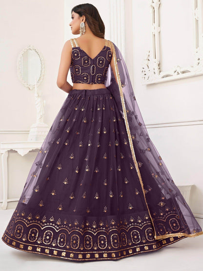 Ravishing Dark Purple Sequins Net Lehenga Choli With Dupatta - Zeel Clothing