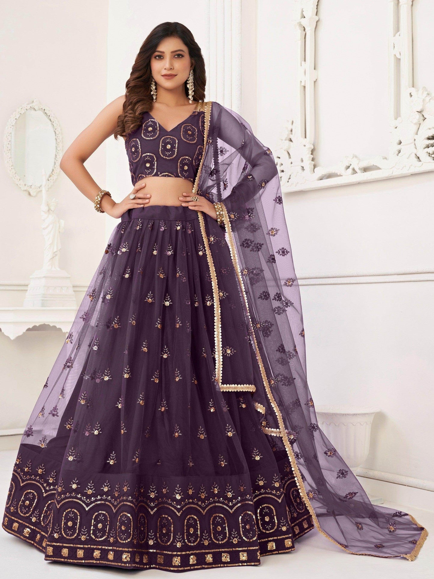 Ravishing Dark Purple Sequins Net Lehenga Choli With Dupatta - Zeel Clothing