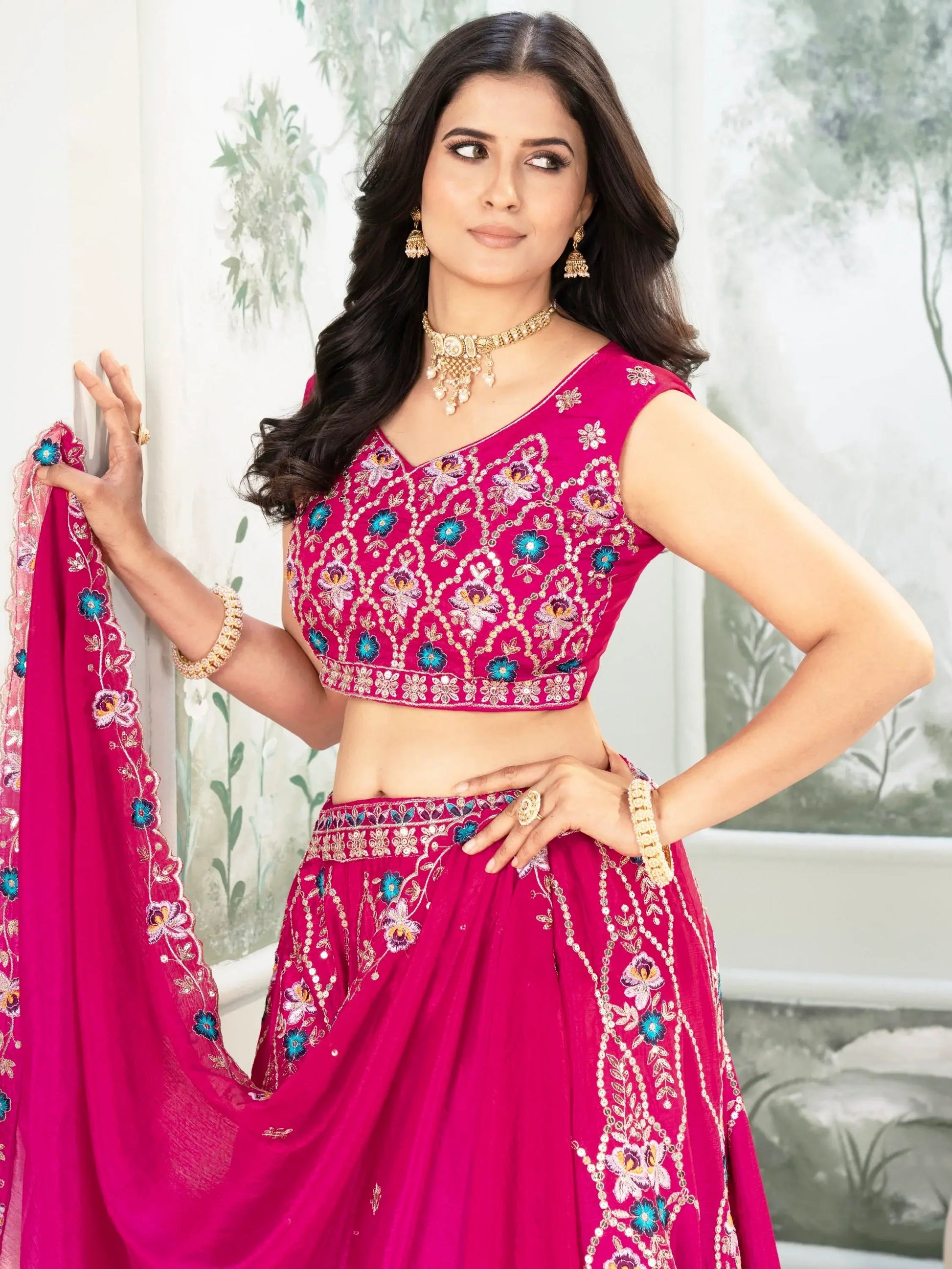 Ravishing Hot Pink Sequins Chinon Wedding Wear Lehenga Choli With Dupatta - Zeel Clothing
