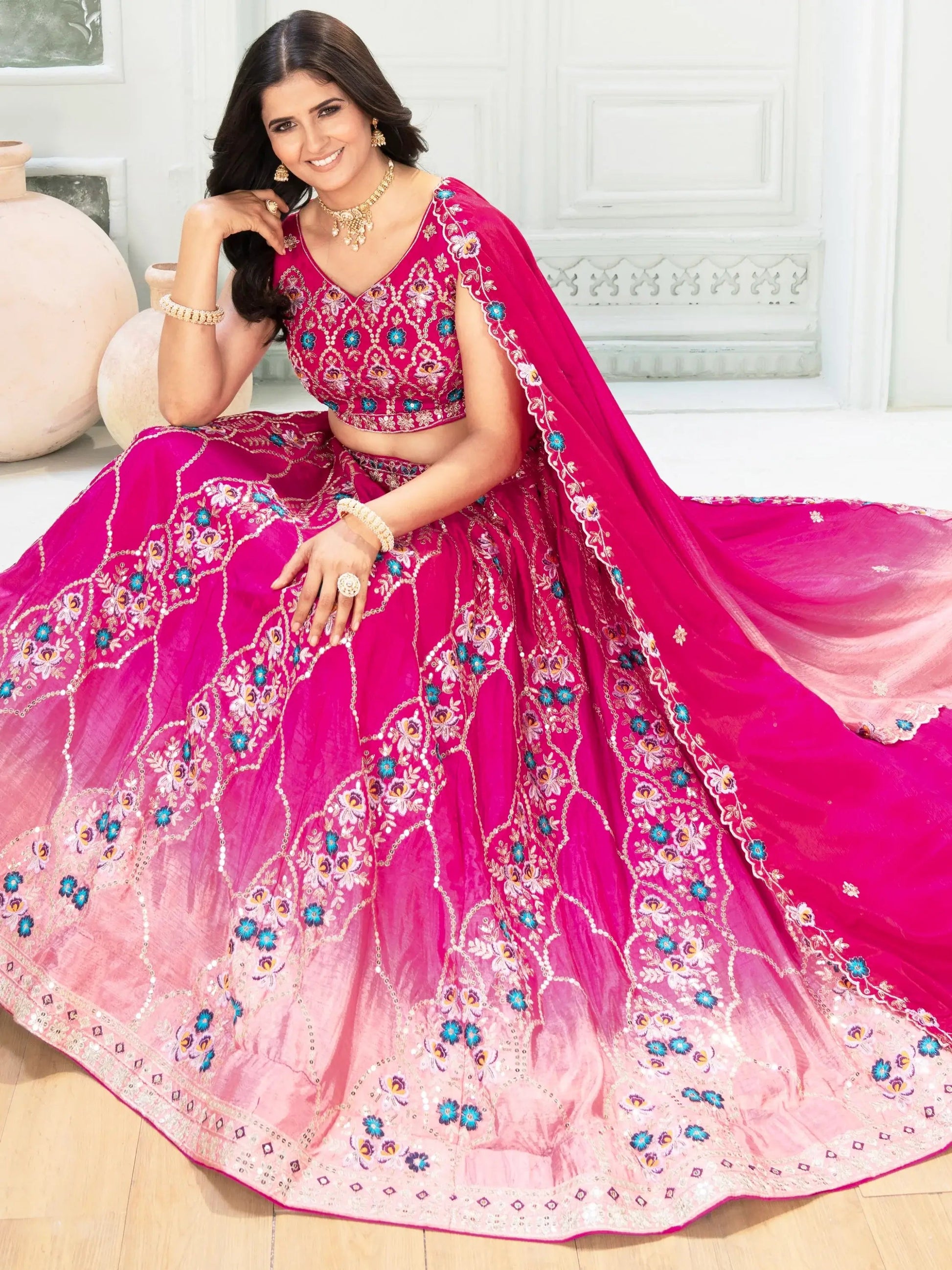 Ravishing Hot Pink Sequins Chinon Wedding Wear Lehenga Choli With Dupatta - Zeel Clothing