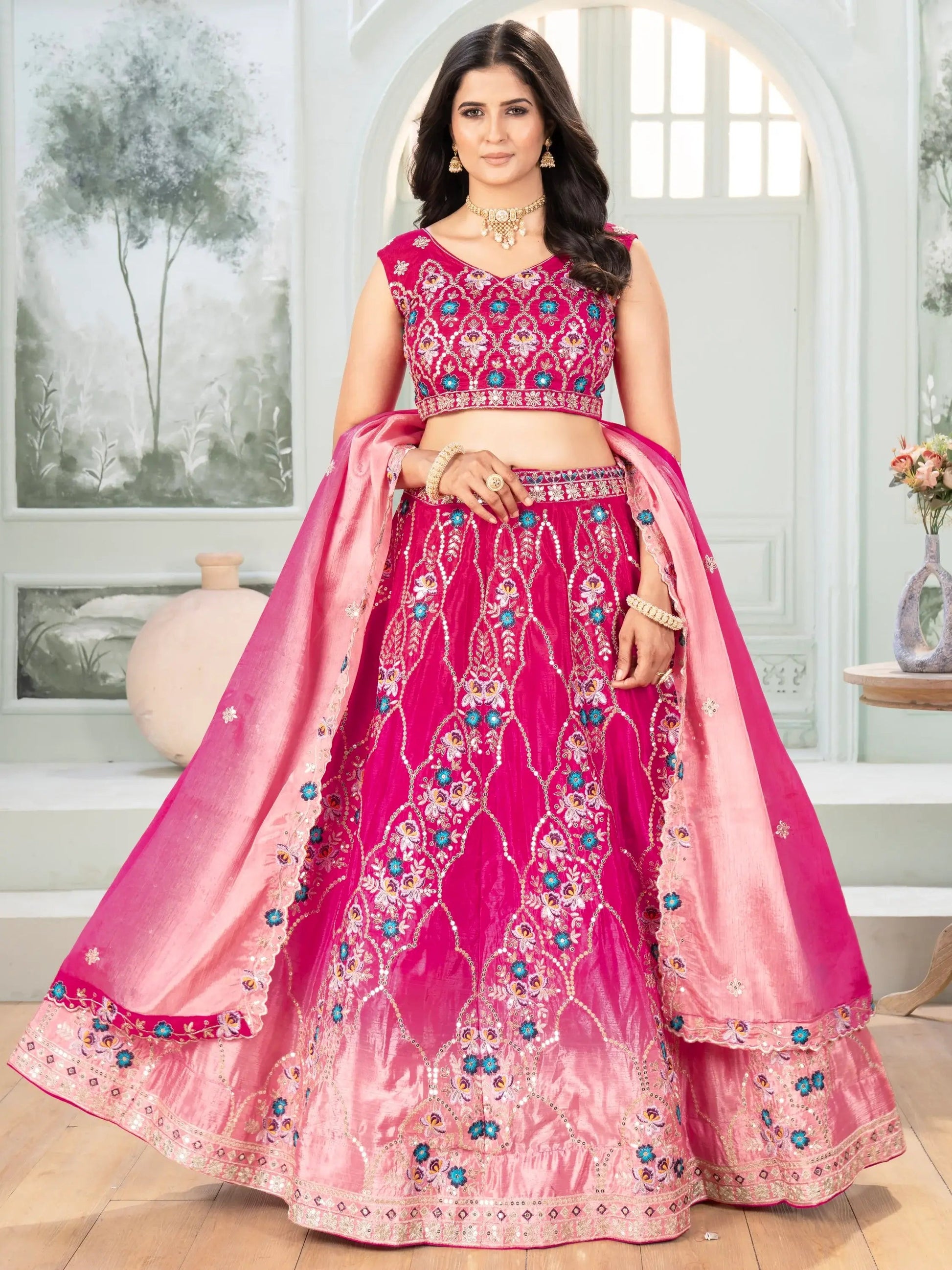 Ravishing Hot Pink Sequins Chinon Wedding Wear Lehenga Choli With Dupatta - Zeel Clothing