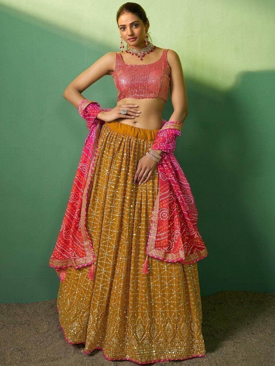 Ravishing Mustard Yellow Sequins Georgette Lehenga Choli With Dupatta - Zeel Clothing