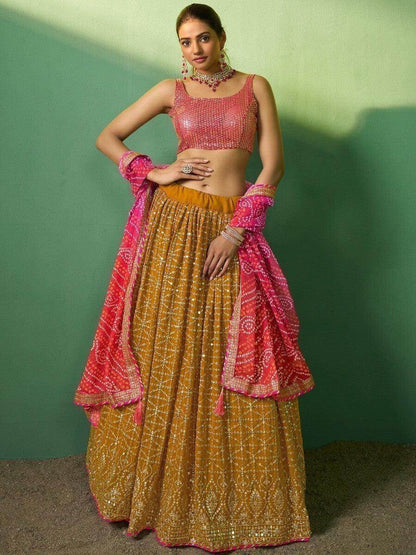 Ravishing Mustard Yellow Sequins Georgette Lehenga Choli With Dupatta - Zeel Clothing
