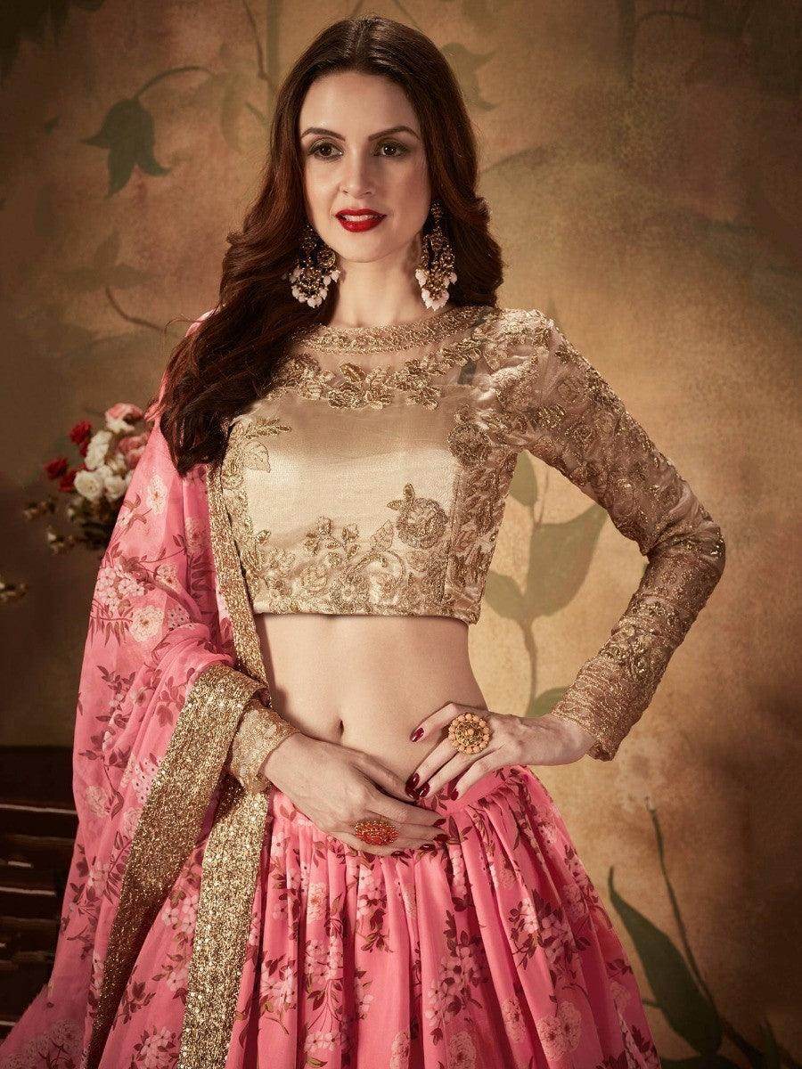 Ravishing Pink Sabyasachi Digital Printed Organza Party Wear Lehenga Choli With Blouse - Zeel Clothing