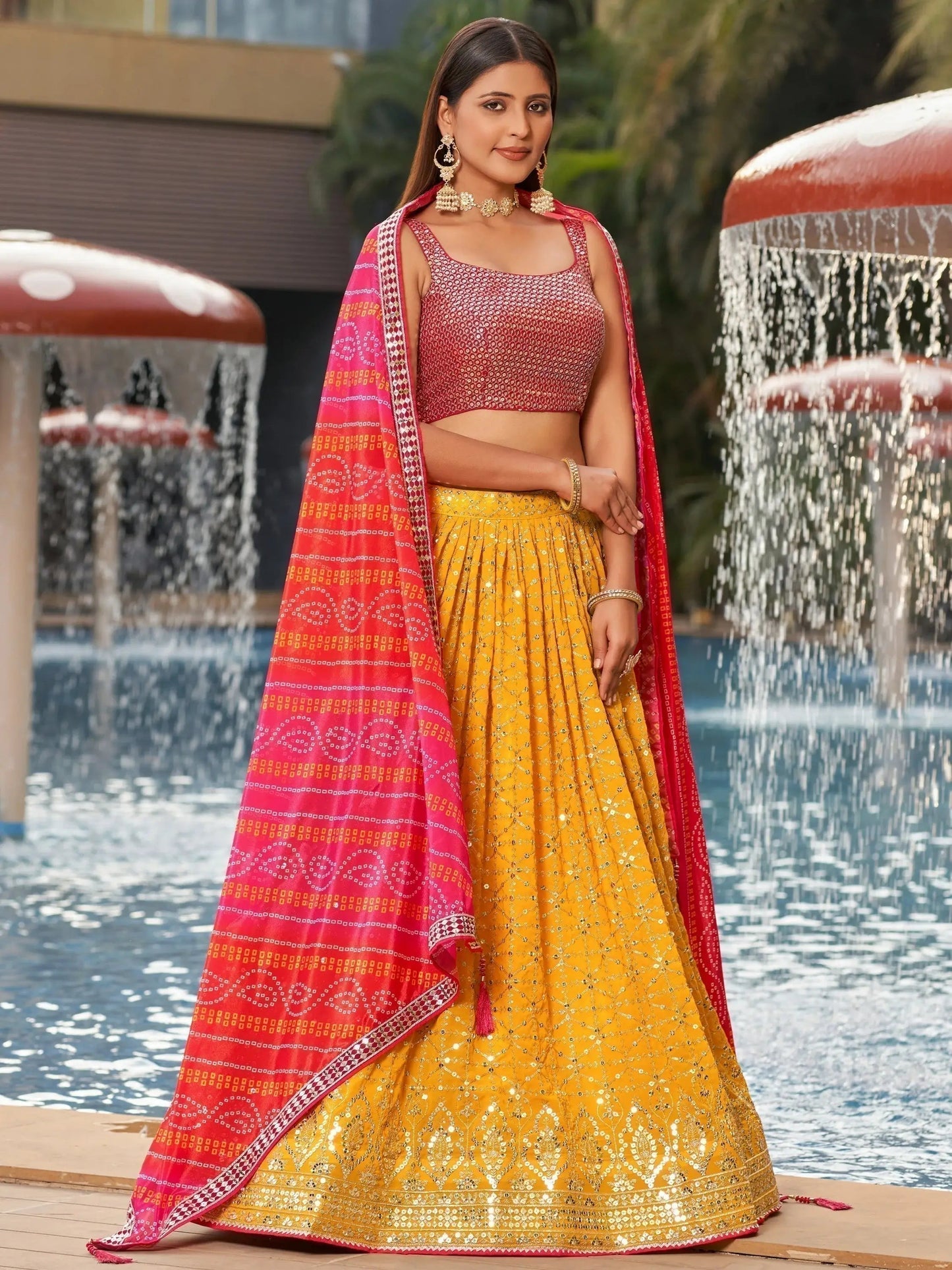 Ravishing Yellow Sequins Georgette Sangeet Wear Lehenga Choli - Zeel Clothing