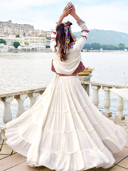 White Color Gamthi Work With Cowrie Touch Up Rayon Co-Ord Set