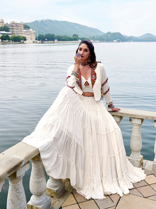 White Color Gamthi Work With Cowrie Touch Up Rayon Co-Ord Set