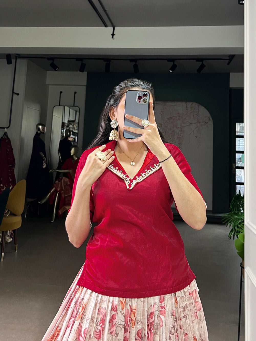 Red Color Floral Print With Zari Weaving Work Dola Chex Co-Ord Set