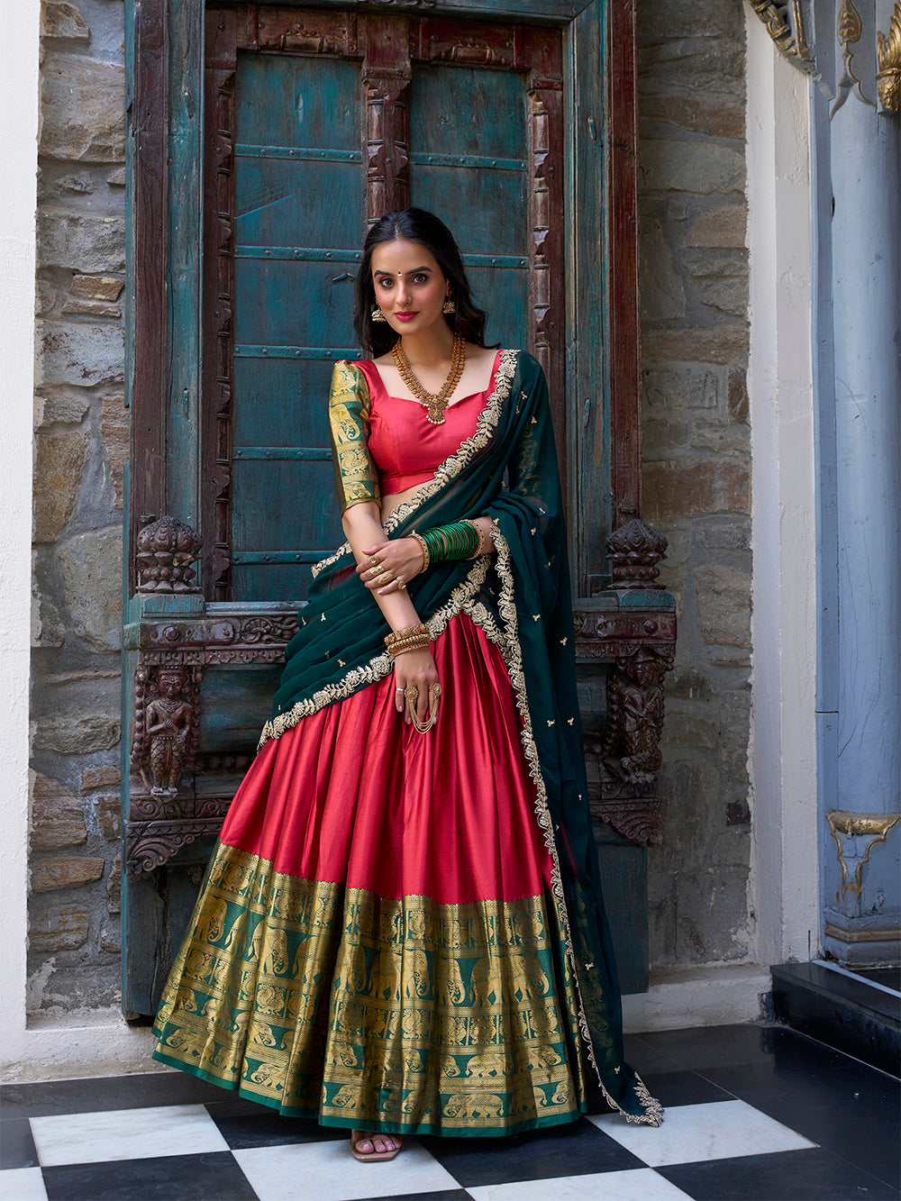 Red Color Zari Weaving Work Narayan Pattu Lehenga Choli