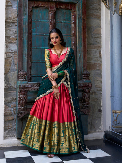 Red Color Zari Weaving Work Narayan Pattu Lehenga Choli