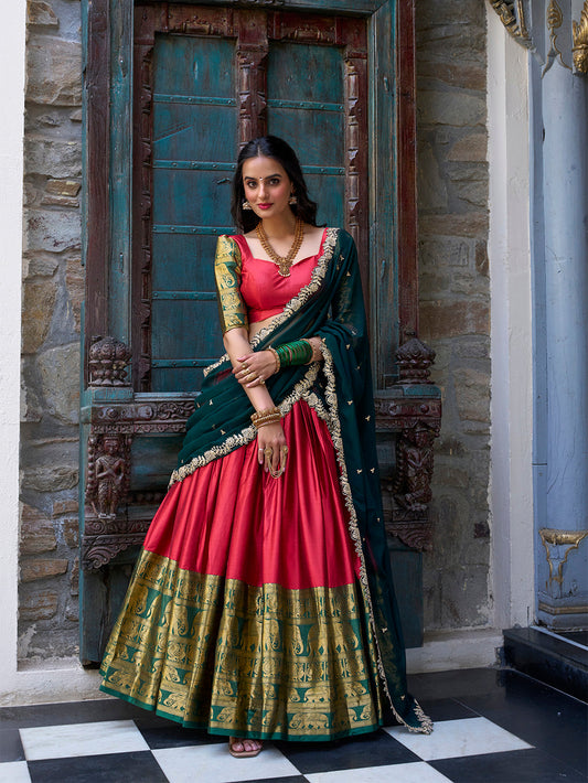 Red Color Zari Weaving Work Narayan Pattu Lehenga Choli