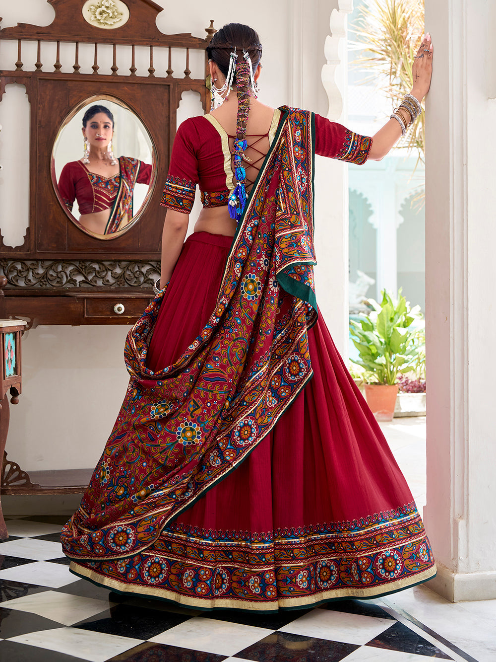 Red Color Gamthi Print And Embossed Design Tussar Silk Lehenga Choli