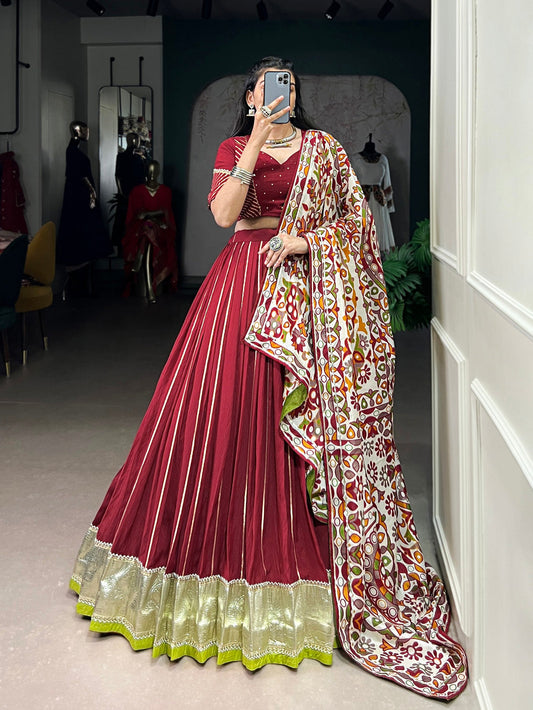 Maroon Color Zari Weaving Work With Embossed Design Chanderi Lehenga Choli