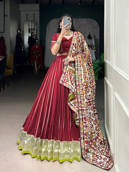 Maroon Color Zari Weaving Work With Embossed Design Chanderi Lehenga Choli