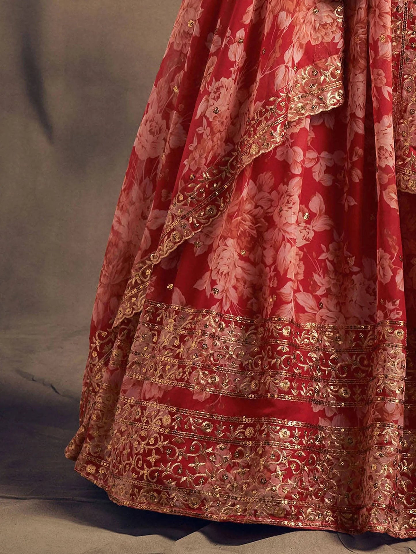 Red Floral Printed Organza Festival Lehenga Choli - Zeel Clothing