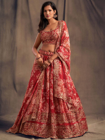 Red Floral Printed Organza Festival Lehenga Choli - Zeel Clothing