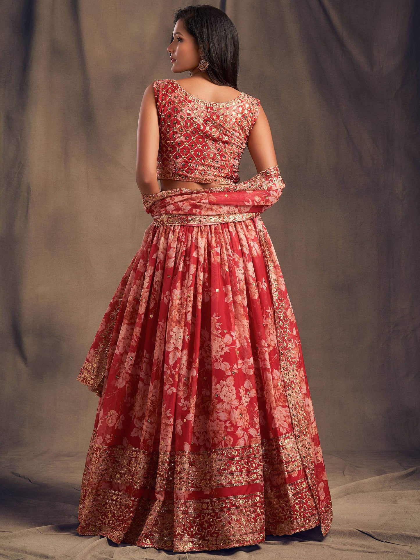 Red Floral Printed Organza Festival Lehenga Choli - Zeel Clothing