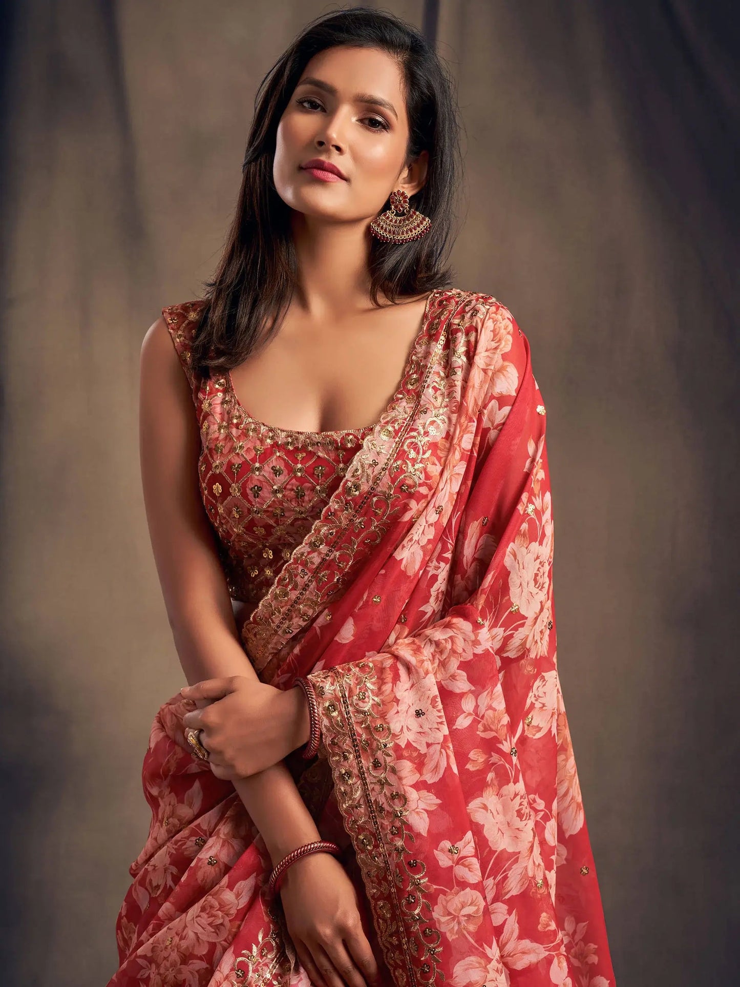 Red Floral Printed Organza Festival Lehenga Choli - Zeel Clothing