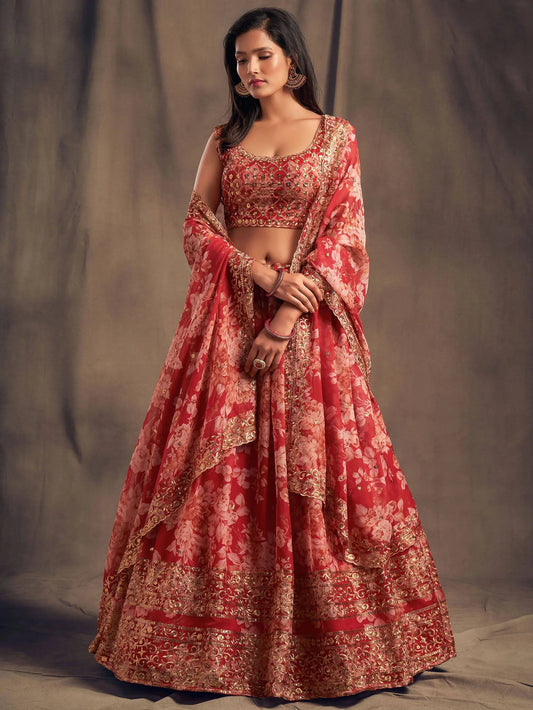 Red Floral Printed Organza Festival Lehenga Choli - Zeel Clothing