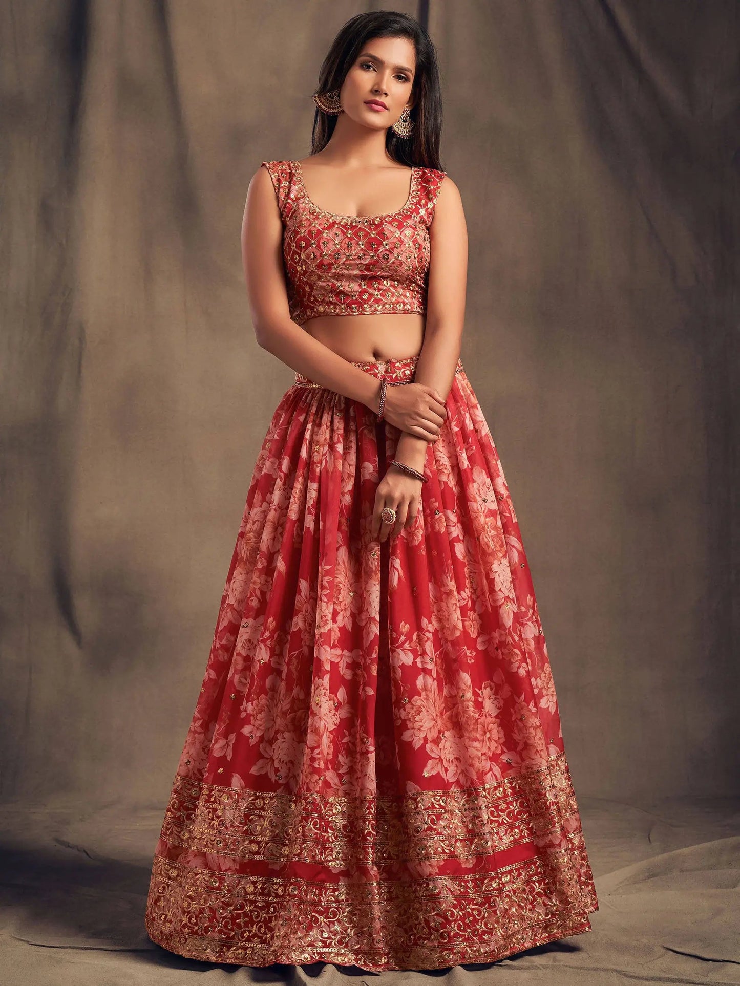 Red Floral Printed Organza Festival Lehenga Choli - Zeel Clothing
