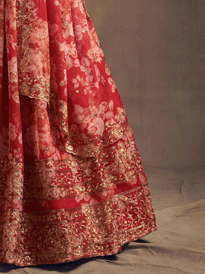 Red Floral Printed Organza Festival Lehenga Choli - Zeel Clothing