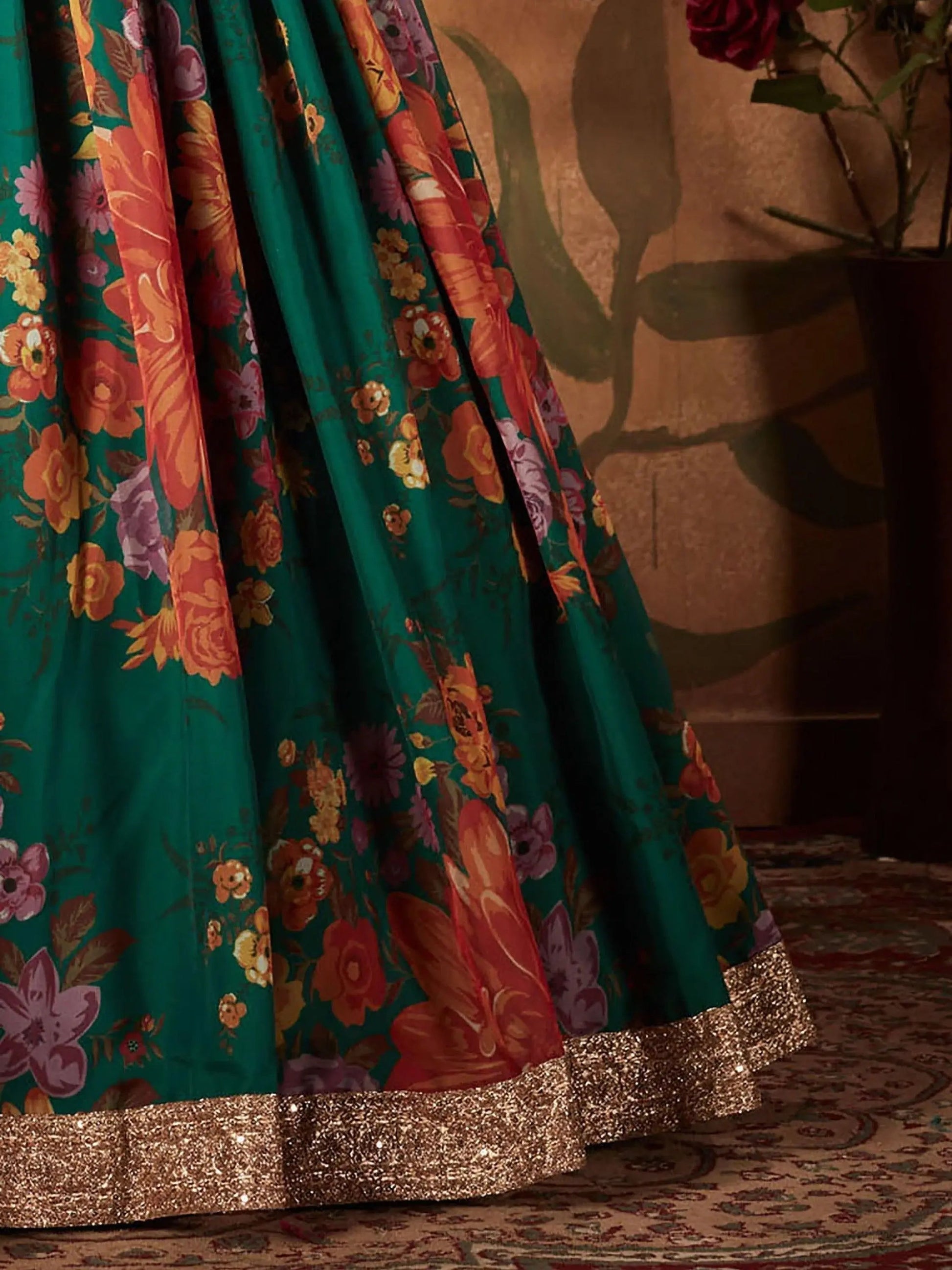 Refreshing Dark Green Floral Print Organza Silk Wedding Lehenga Choli With Orange Blouse - Zeel Clothing