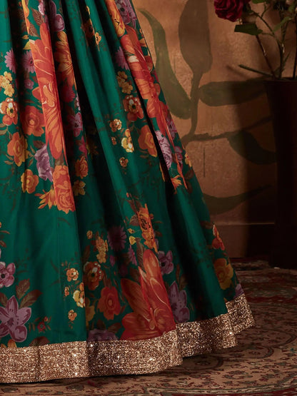 Refreshing Dark Green Floral Print Organza Silk Wedding Lehenga Choli With Orange Blouse - Zeel Clothing
