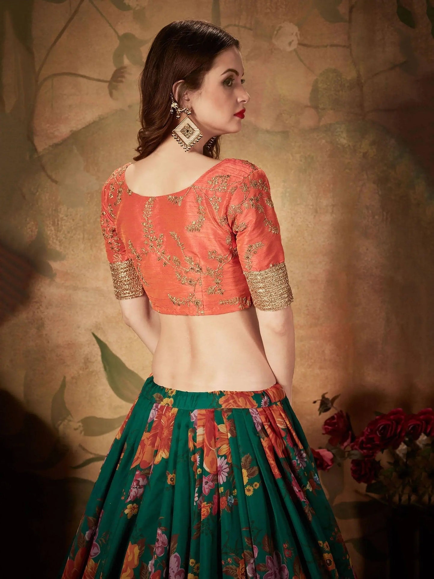 Refreshing Dark Green Floral Print Organza Silk Wedding Lehenga Choli With Orange Blouse - Zeel Clothing