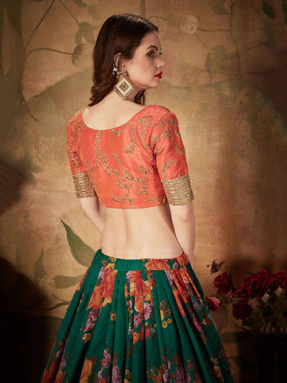 Refreshing Dark Green Floral Print Organza Silk Wedding Lehenga Choli With Orange Blouse - Zeel Clothing