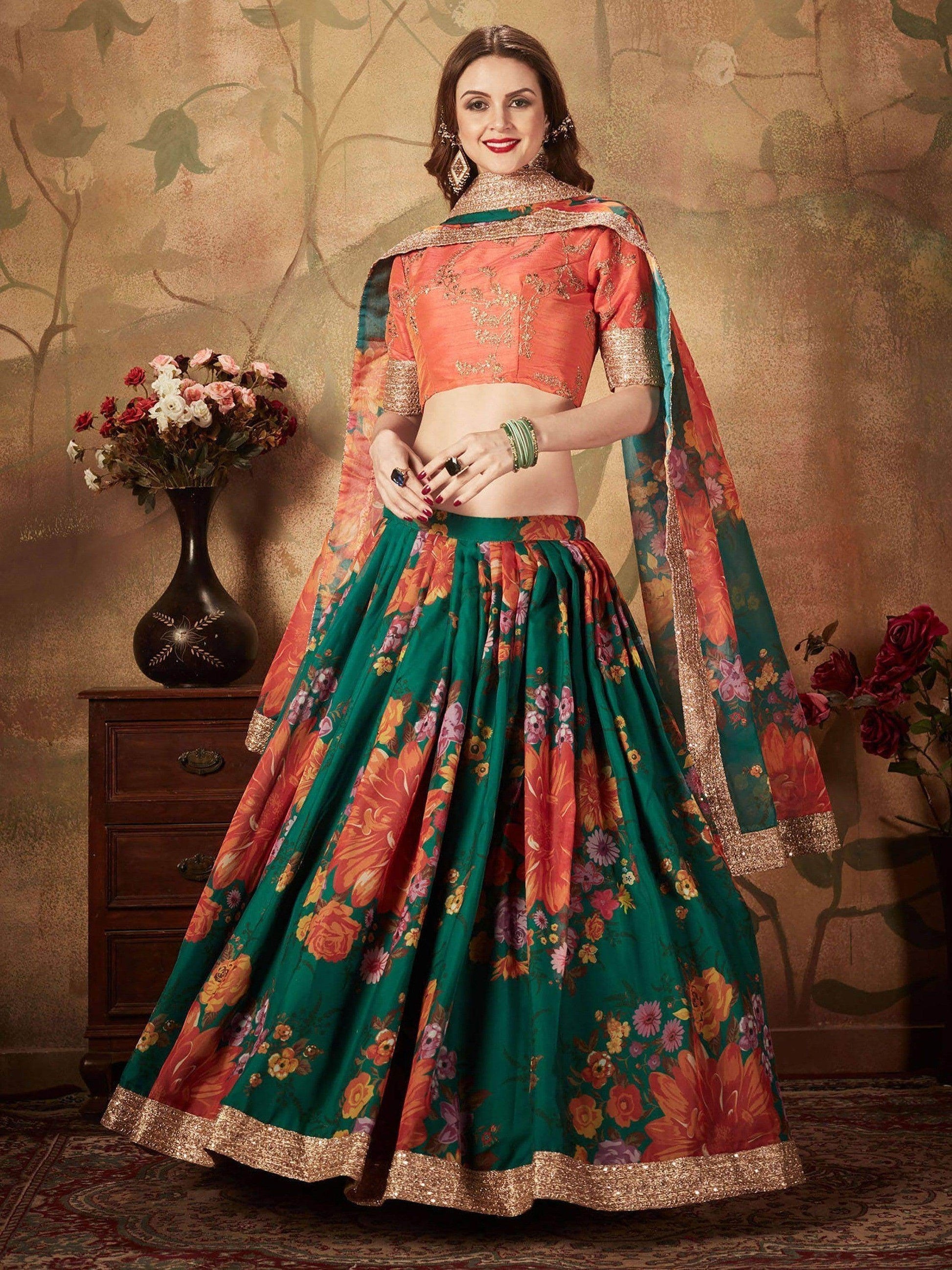 Refreshing Dark Green Floral Print Organza Silk Wedding Lehenga Choli With Orange Blouse - Zeel Clothing