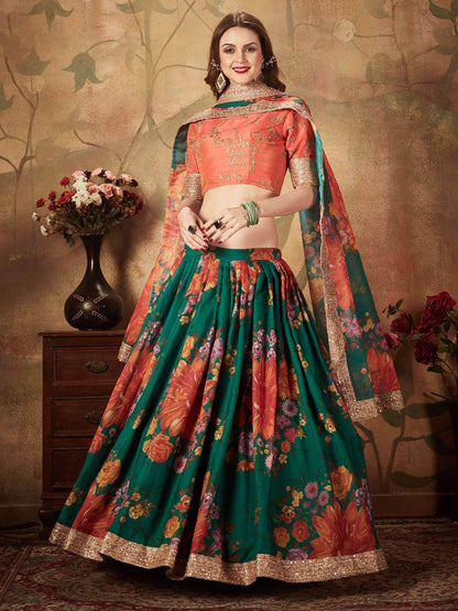 Refreshing Dark Green Floral Print Organza Silk Wedding Lehenga Choli With Orange Blouse - Zeel Clothing