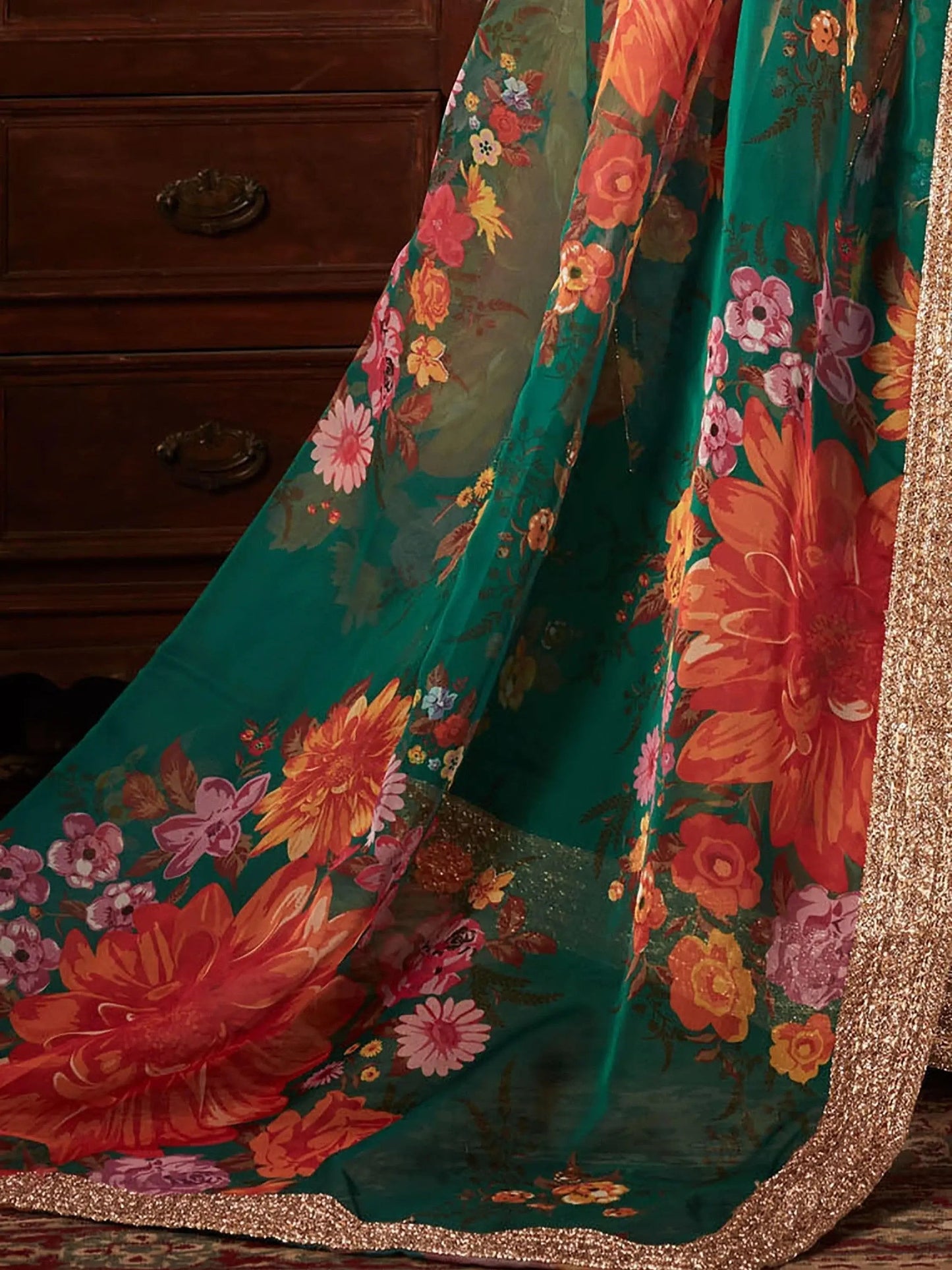 Refreshing Dark Green Floral Print Organza Silk Wedding Lehenga Choli With Orange Blouse - Zeel Clothing