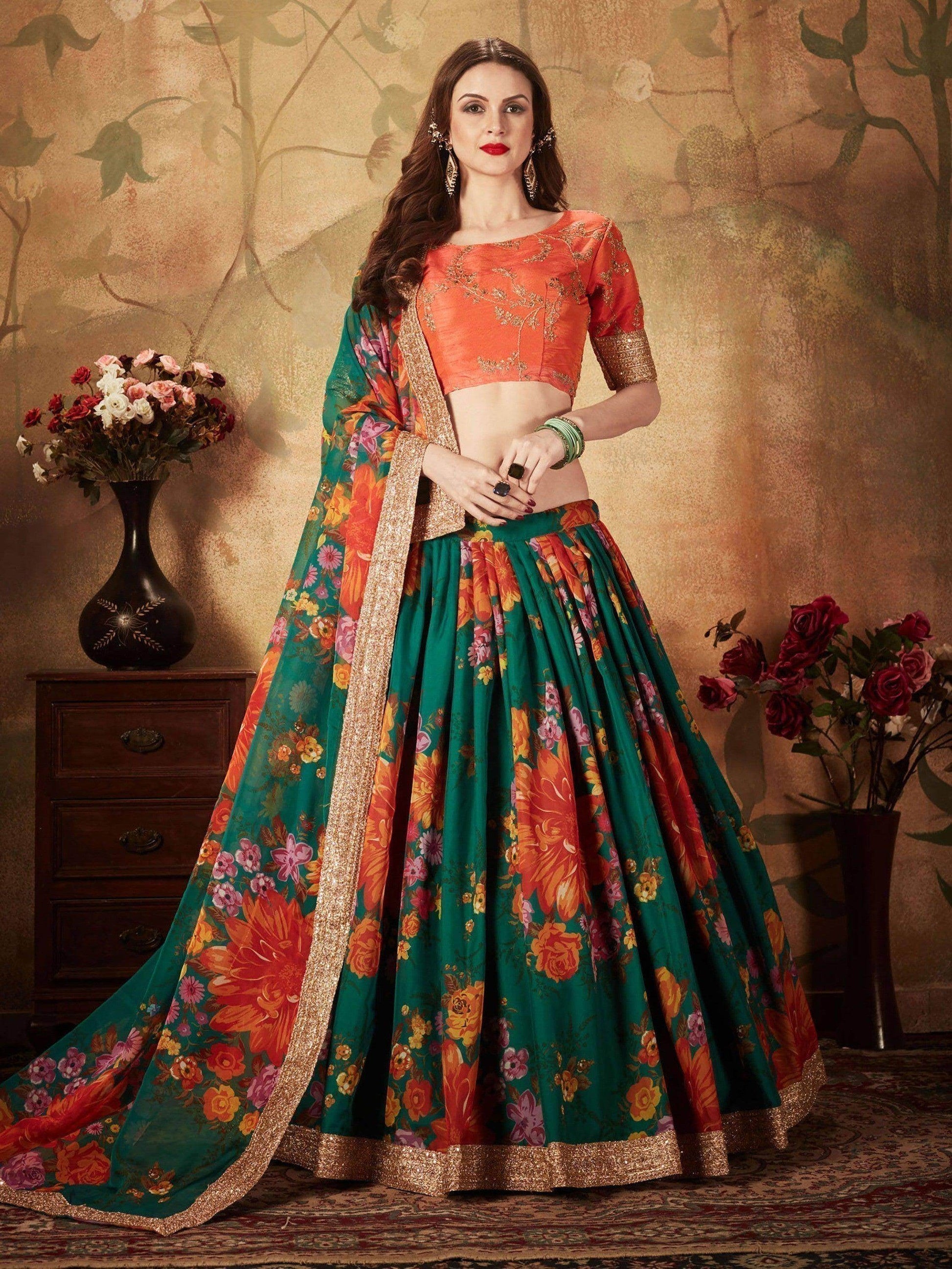 Refreshing Dark Green Floral Print Organza Silk Wedding Lehenga Choli With Orange Blouse - Zeel Clothing