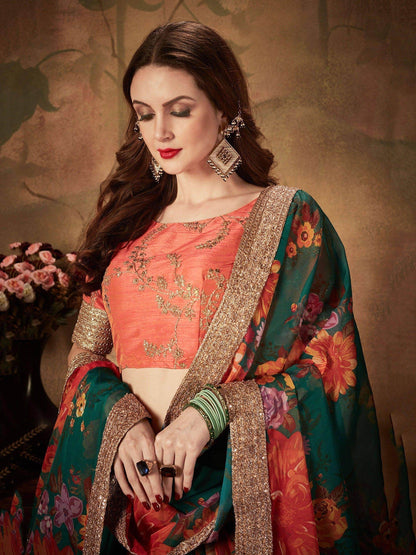 Refreshing Dark Green Floral Print Organza Silk Wedding Lehenga Choli With Orange Blouse - Zeel Clothing