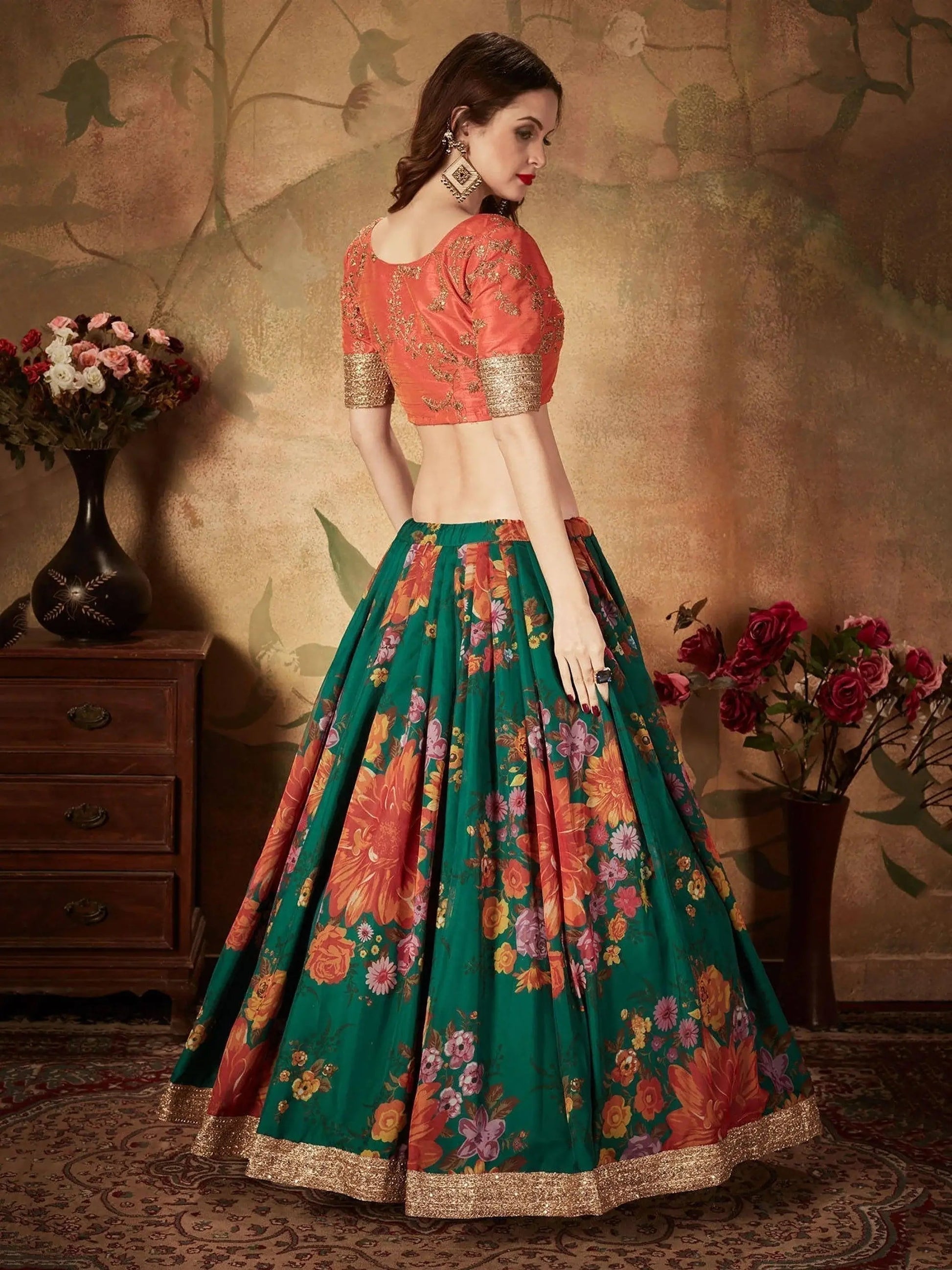 Refreshing Dark Green Floral Print Organza Silk Wedding Lehenga Choli With Orange Blouse - Zeel Clothing