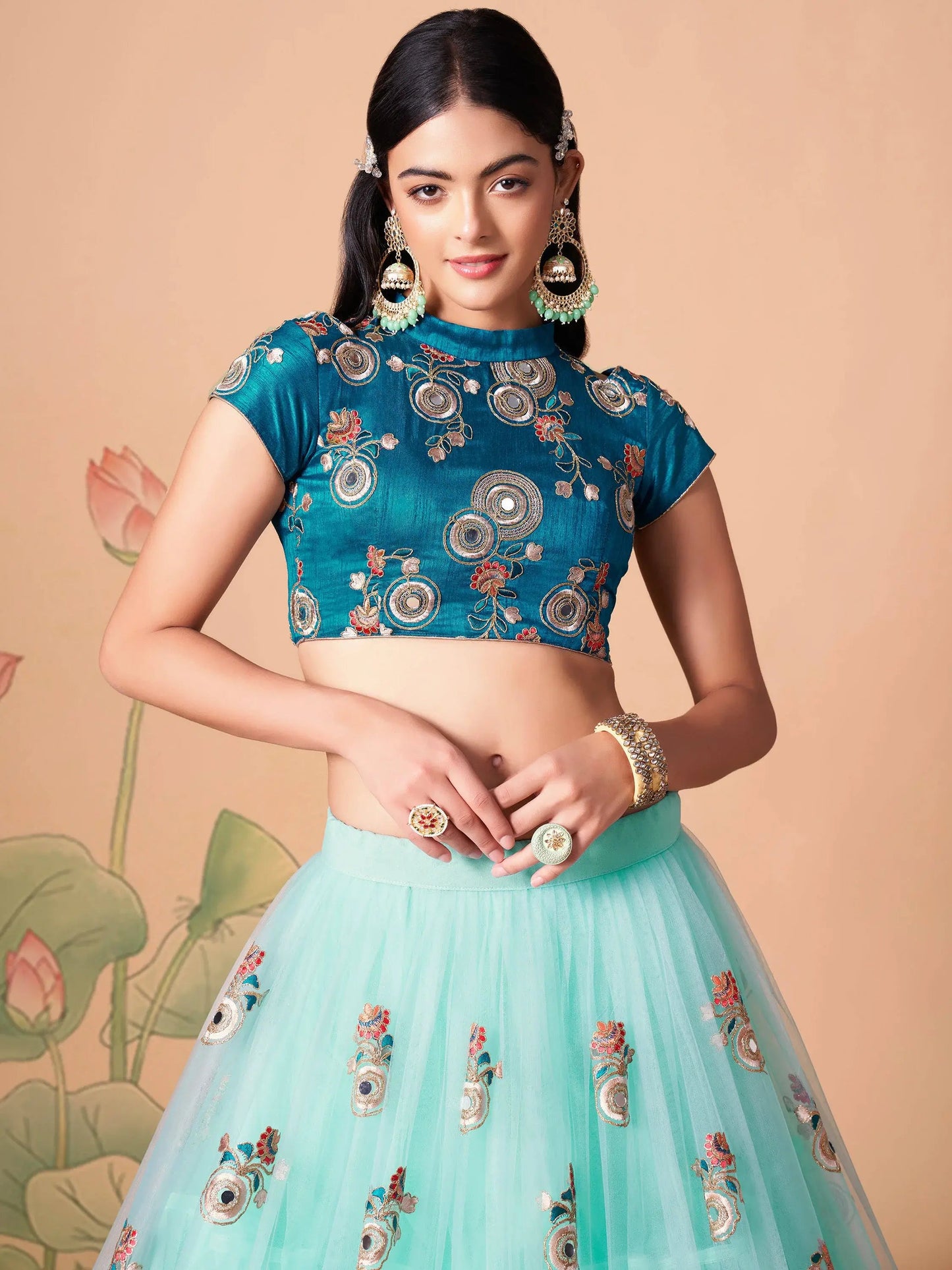 Remarkable Sky Blue Mirror Work Net Reception Wear Lehenga Choli - Zeel Clothing