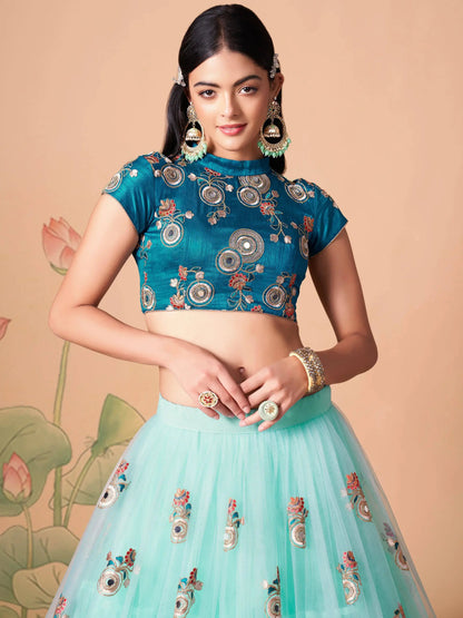 Remarkable Sky Blue Mirror Work Net Reception Wear Lehenga Choli - Zeel Clothing