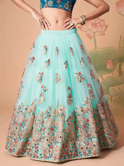 Remarkable Sky Blue Mirror Work Net Reception Wear Lehenga Choli - Zeel Clothing
