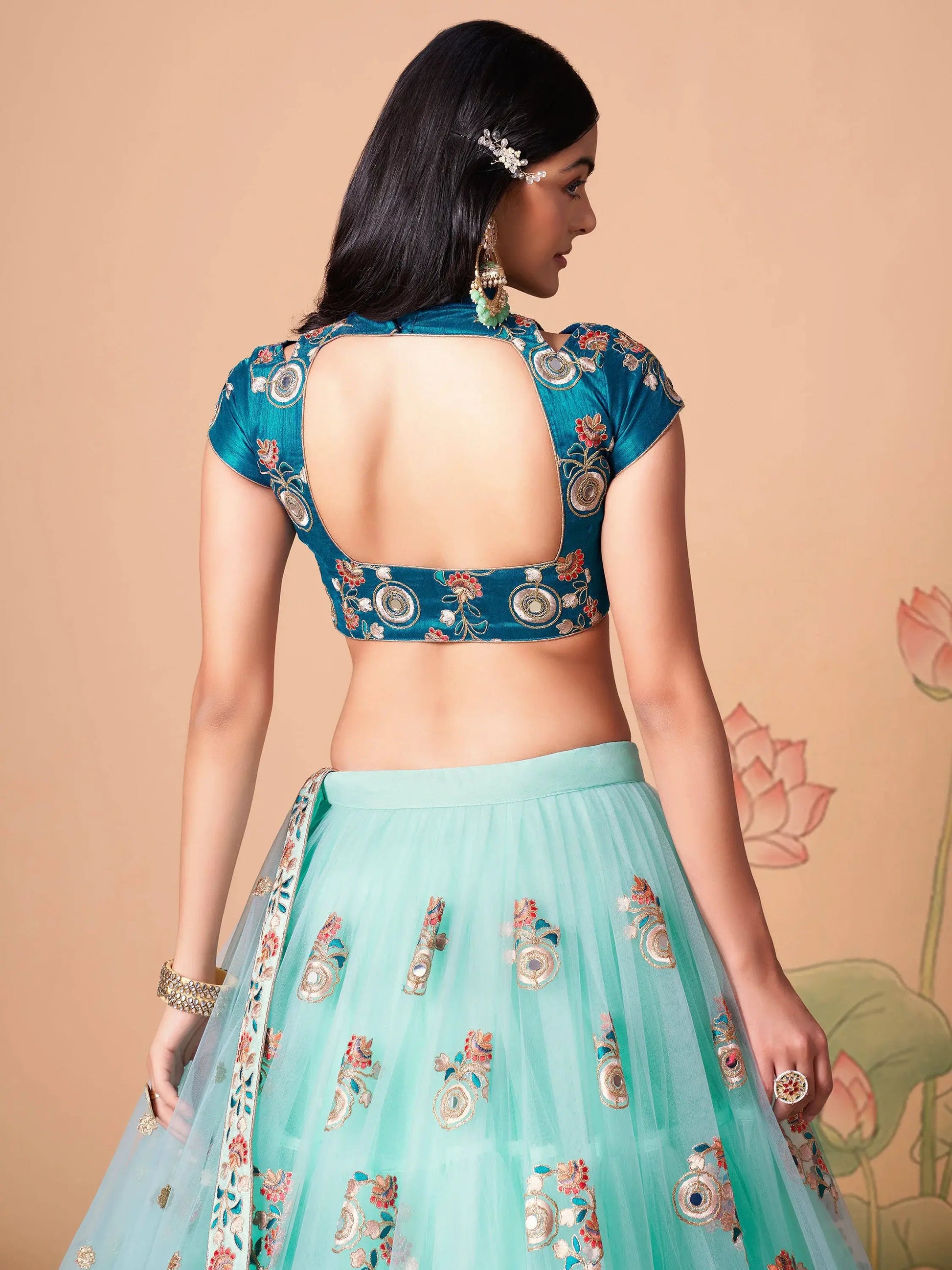 Remarkable Sky Blue Mirror Work Net Reception Wear Lehenga Choli - Zeel Clothing