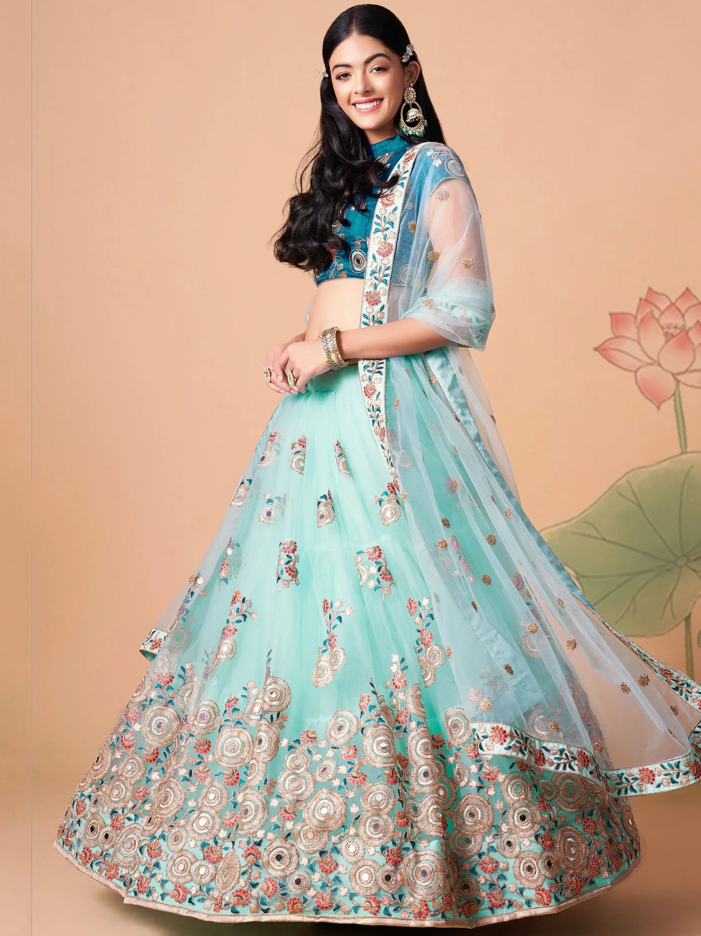 Remarkable Sky Blue Mirror Work Net Reception Wear Lehenga Choli - Zeel Clothing