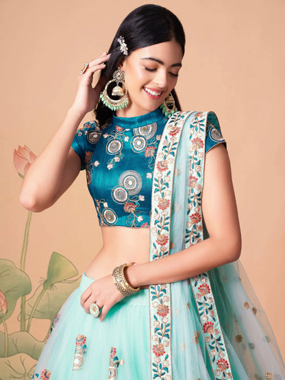 Remarkable Sky Blue Mirror Work Net Reception Wear Lehenga Choli - Zeel Clothing