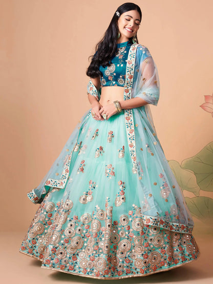Remarkable Sky Blue Mirror Work Net Reception Wear Lehenga Choli - Zeel Clothing