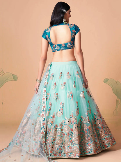 Remarkable Sky Blue Mirror Work Net Reception Wear Lehenga Choli - Zeel Clothing