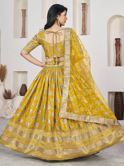 Remarkable Yellow Zari Work Jacquard Haldi Wear Lehenga Choli - Zeel Clothing