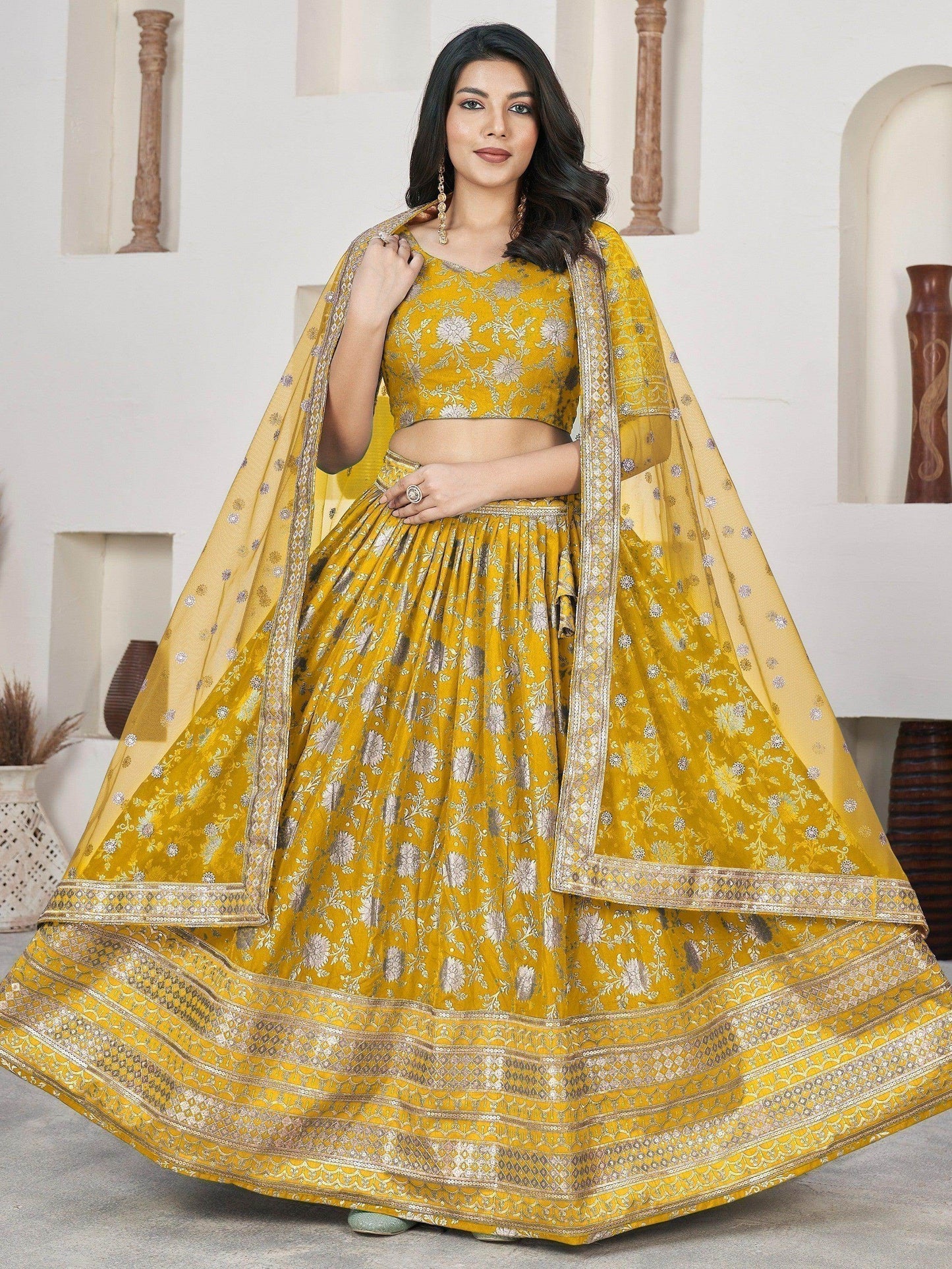 Remarkable Yellow Zari Work Jacquard Haldi Wear Lehenga Choli - Zeel Clothing
