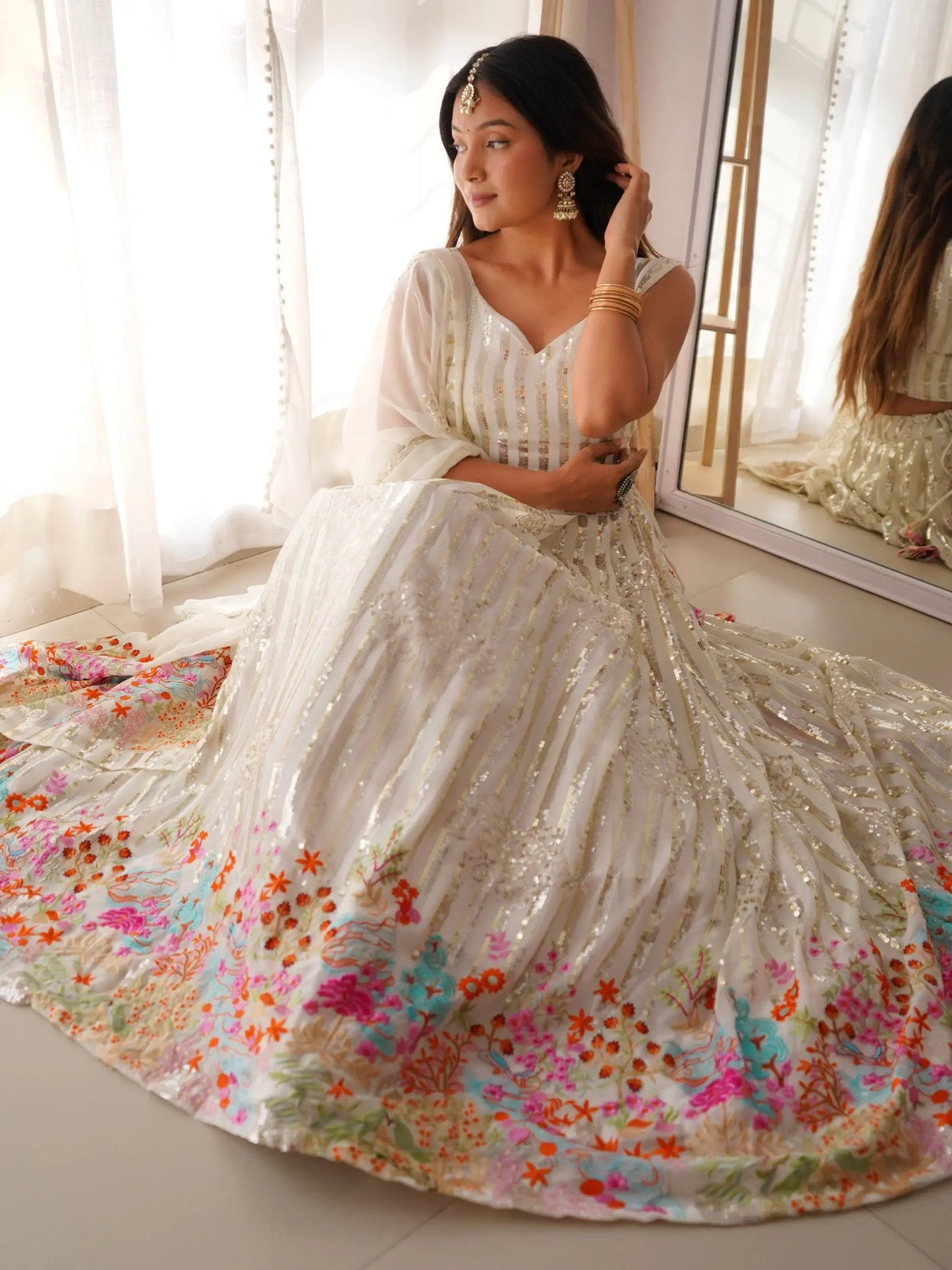 Rich White Sequins Georgette Party Wear Lehenga Choli With Dupatta - Zeel Clothing