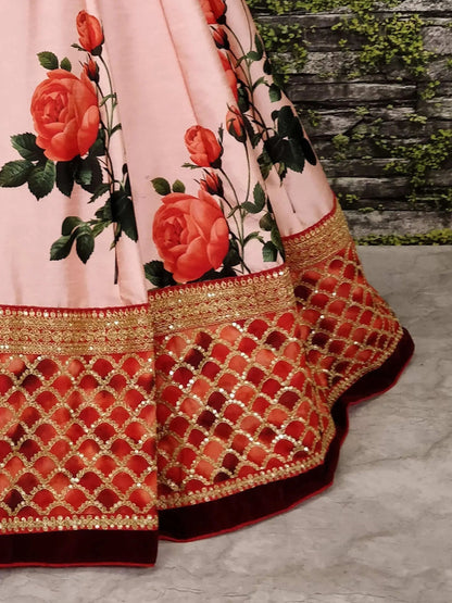 Rose Florals Printed Designer Lehengas with Embroidered Blouse - Zeel Clothing
